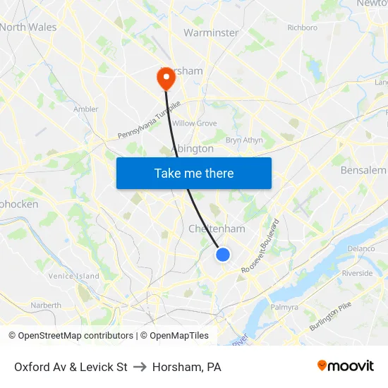 Oxford Av & Levick St to Horsham, PA map