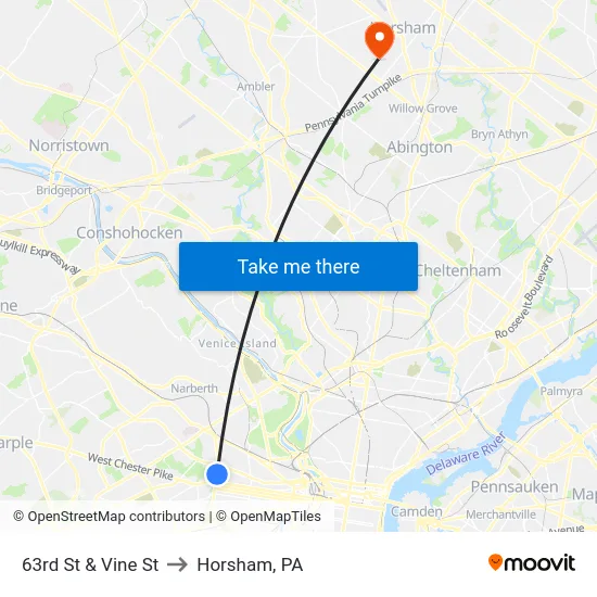 63rd St & Vine St to Horsham, PA map