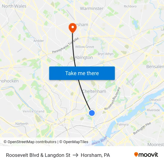 Roosevelt Blvd & Langdon St to Horsham, PA map