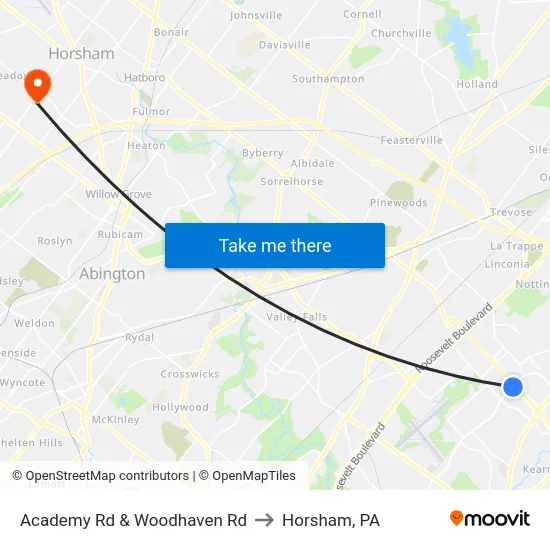 Academy Rd & Woodhaven Rd to Horsham, PA map