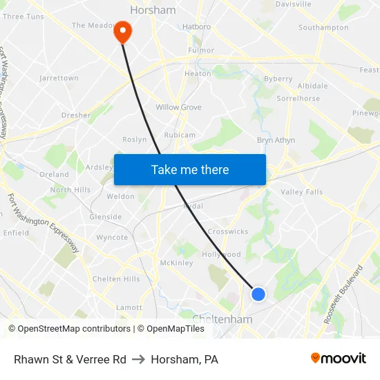 Rhawn St & Verree Rd to Horsham, PA map