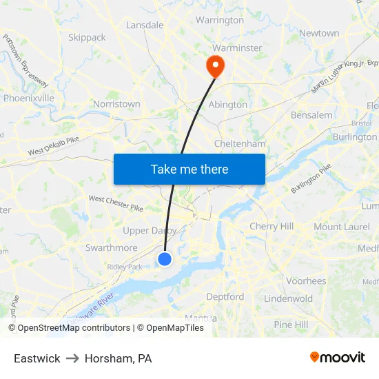 Eastwick to Horsham, PA map