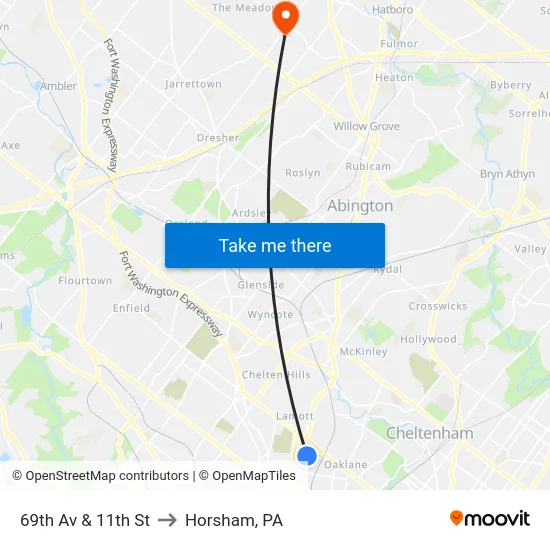 69th Av & 11th St to Horsham, PA map