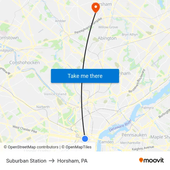 Suburban Station to Horsham, PA map
