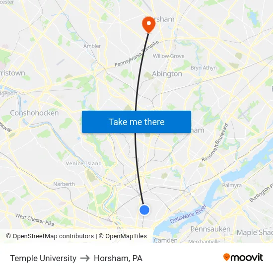 Temple University to Horsham, PA map