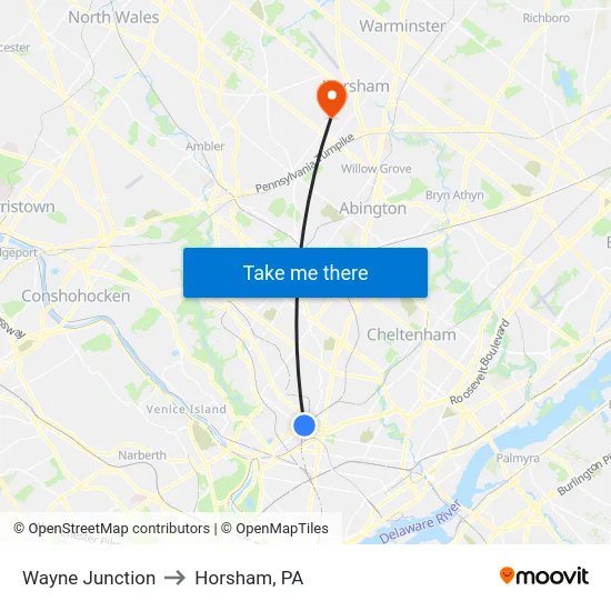 Wayne Junction to Horsham, PA map