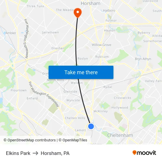 Elkins Park to Horsham, PA map