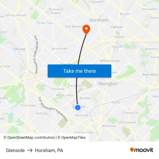 Glenside to Horsham, PA map