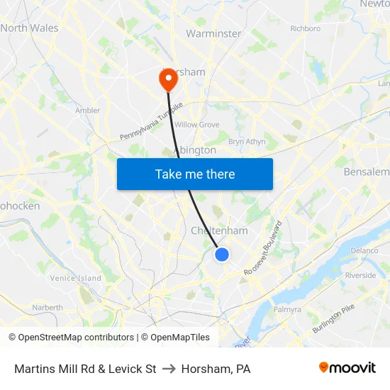 Martins Mill Rd & Levick St to Horsham, PA map