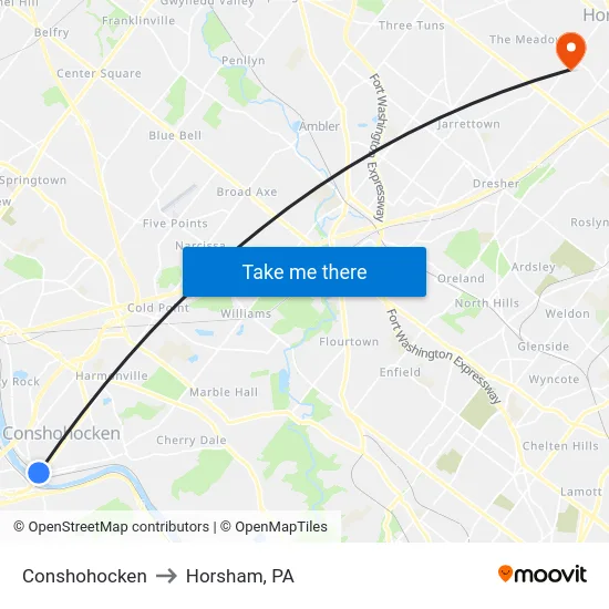Conshohocken to Horsham, PA map