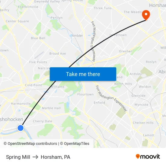 Spring Mill to Horsham, PA map