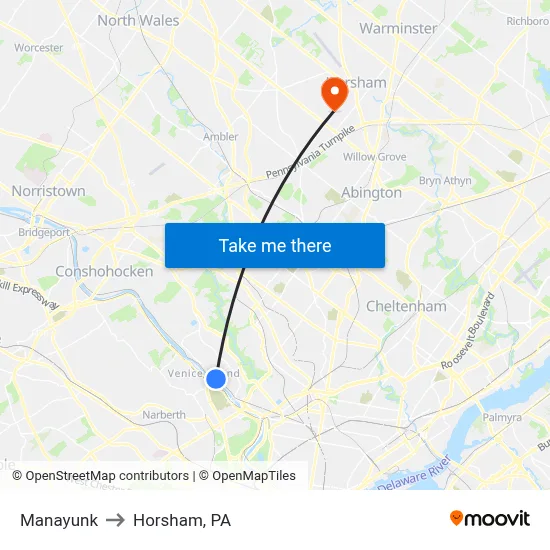Manayunk to Horsham, PA map