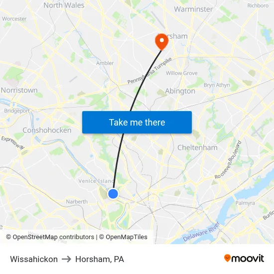 Wissahickon to Horsham, PA map