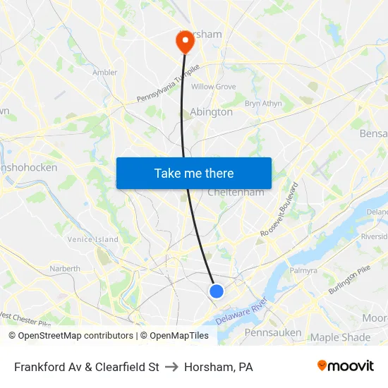 Frankford Av & Clearfield St to Horsham, PA map