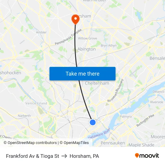 Frankford Av & Tioga St to Horsham, PA map