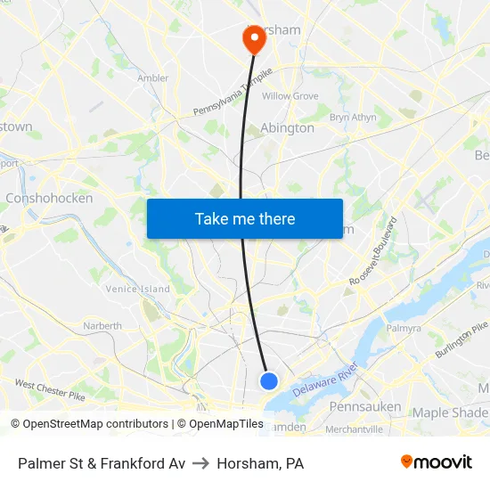 Palmer St & Frankford Av to Horsham, PA map