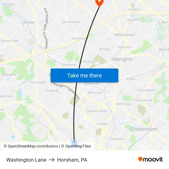Washington Lane to Horsham, PA map