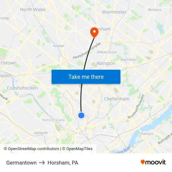 Germantown to Horsham, PA map