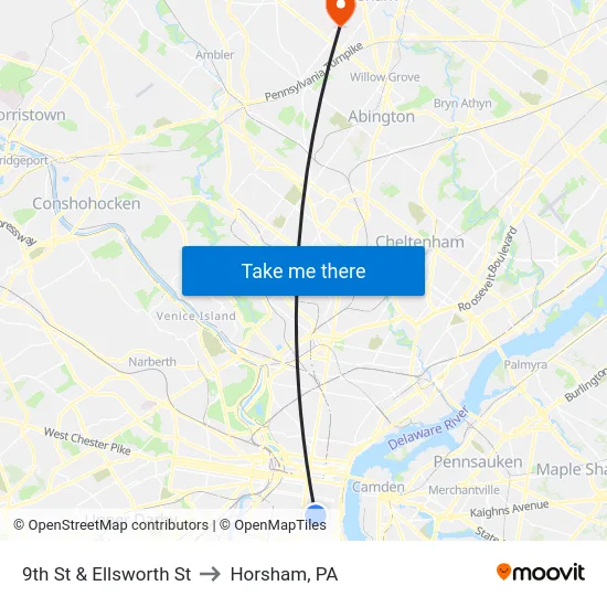 9th St & Ellsworth St to Horsham, PA map