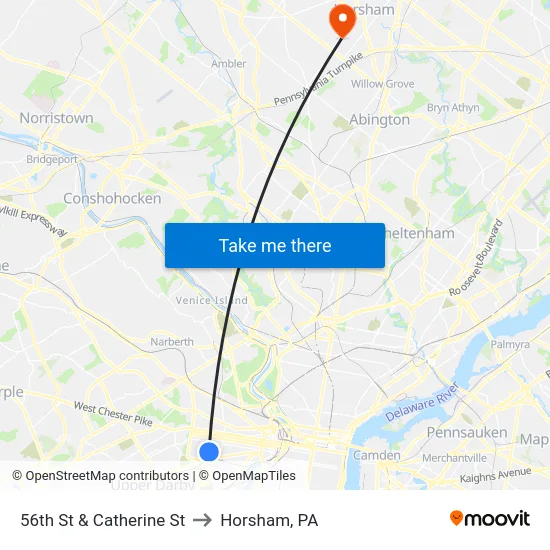 56th St & Catherine St to Horsham, PA map