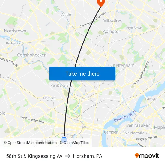 58th St & Kingsessing Av to Horsham, PA map