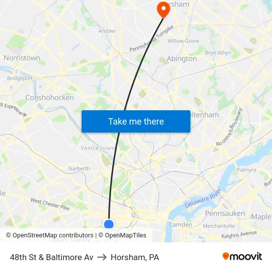 48th St & Baltimore Av to Horsham, PA map