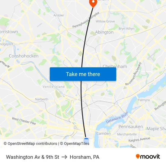 Washington Av & 9th St to Horsham, PA map