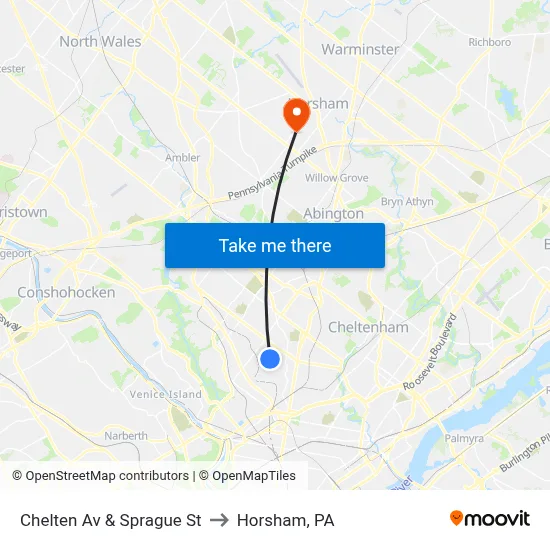 Chelten Av & Sprague St to Horsham, PA map
