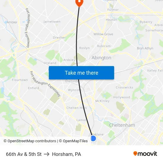 66th Av & 5th St to Horsham, PA map