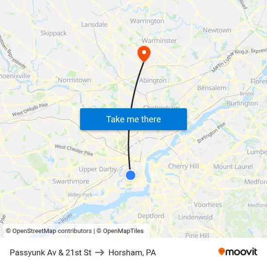 Passyunk Av & 21st St to Horsham, PA map