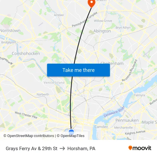 Grays Ferry Av & 29th St to Horsham, PA map