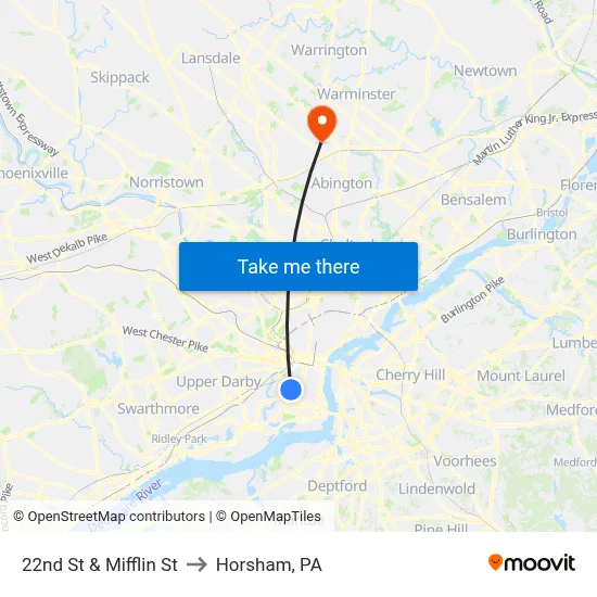 22nd St & Mifflin St to Horsham, PA map