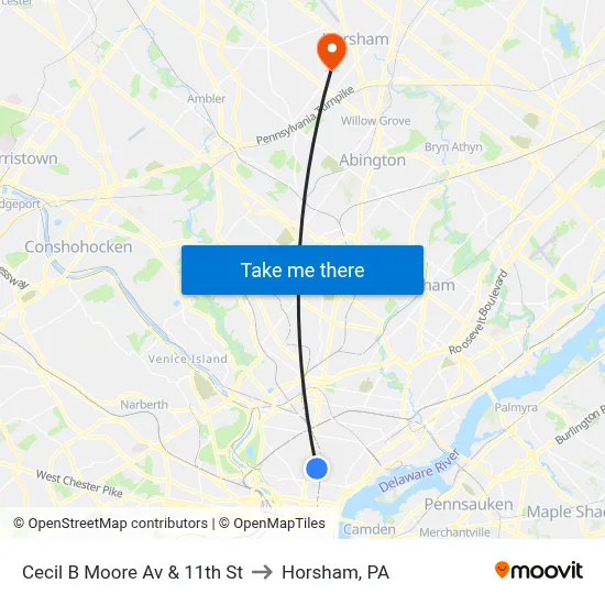 Cecil B Moore Av & 11th St to Horsham, PA map