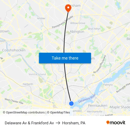 Delaware Av & Frankford Av to Horsham, PA map