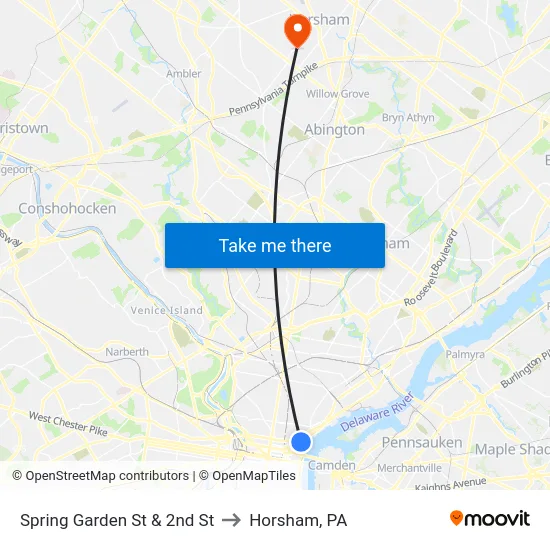 Spring Garden St & 2nd St to Horsham, PA map