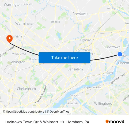 Levittown Town Ctr & Walmart to Horsham, PA map