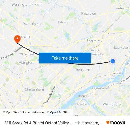 Mill Creek Rd & Bristol-Oxford Valley Rd to Horsham, PA map