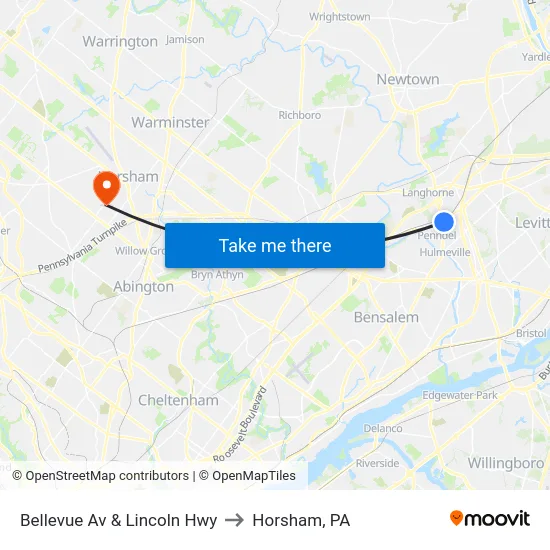 Bellevue Av & Lincoln Hwy to Horsham, PA map