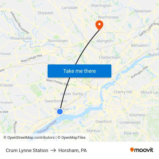 Crum Lynne Station to Horsham, PA map