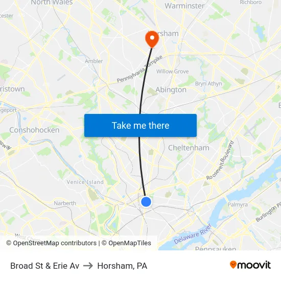 Broad St & Erie Av to Horsham, PA map
