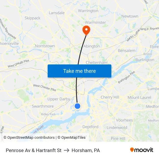 Penrose Av & Hartranft St to Horsham, PA map