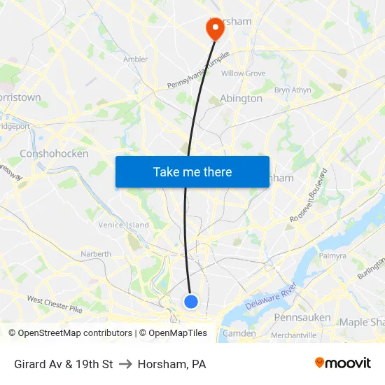 Girard Av & 19th St to Horsham, PA map