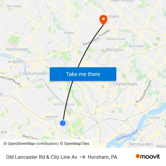 Old Lancaster Rd & City Line Av to Horsham, PA map