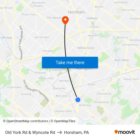 Old York Rd & Wyncote Rd to Horsham, PA map