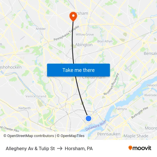 Allegheny Av & Tulip St to Horsham, PA map