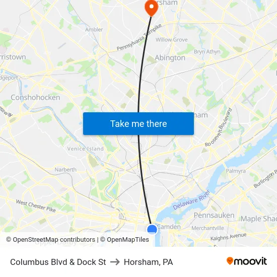 Columbus Blvd & Dock St to Horsham, PA map
