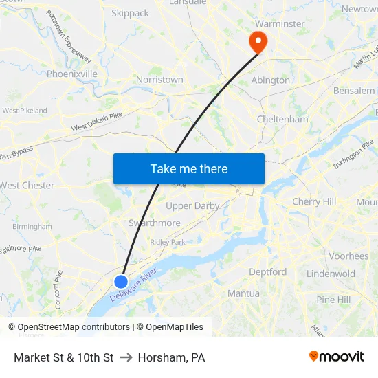 Market St & 10th St to Horsham, PA map