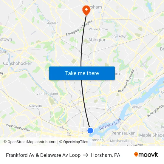 Frankford Av & Delaware Av Loop to Horsham, PA map