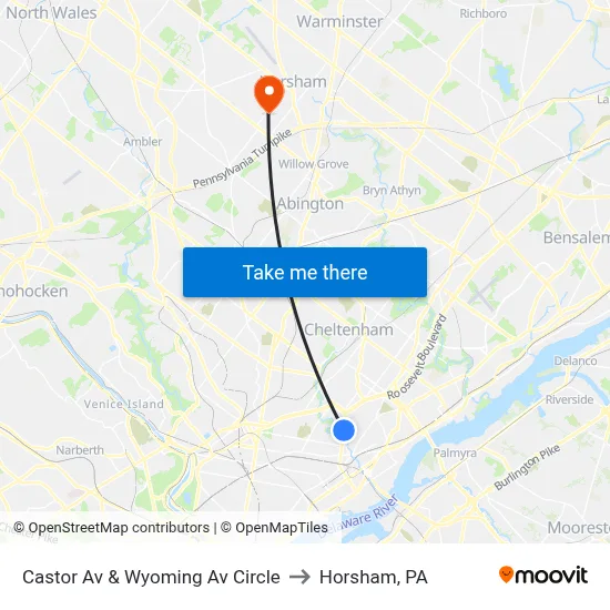 Castor Av & Wyoming Av Circle to Horsham, PA map