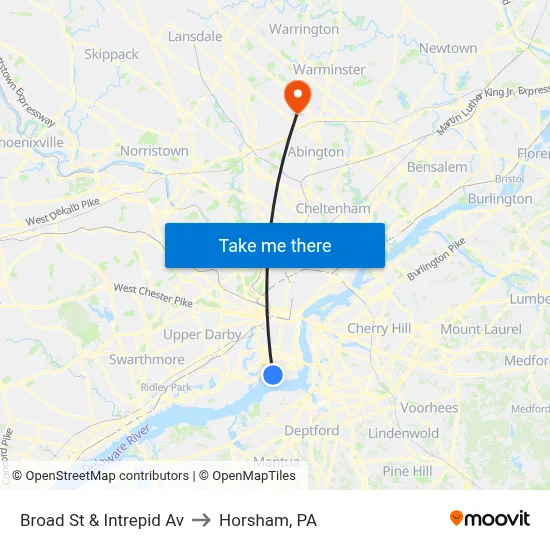 Broad St & Intrepid Av to Horsham, PA map